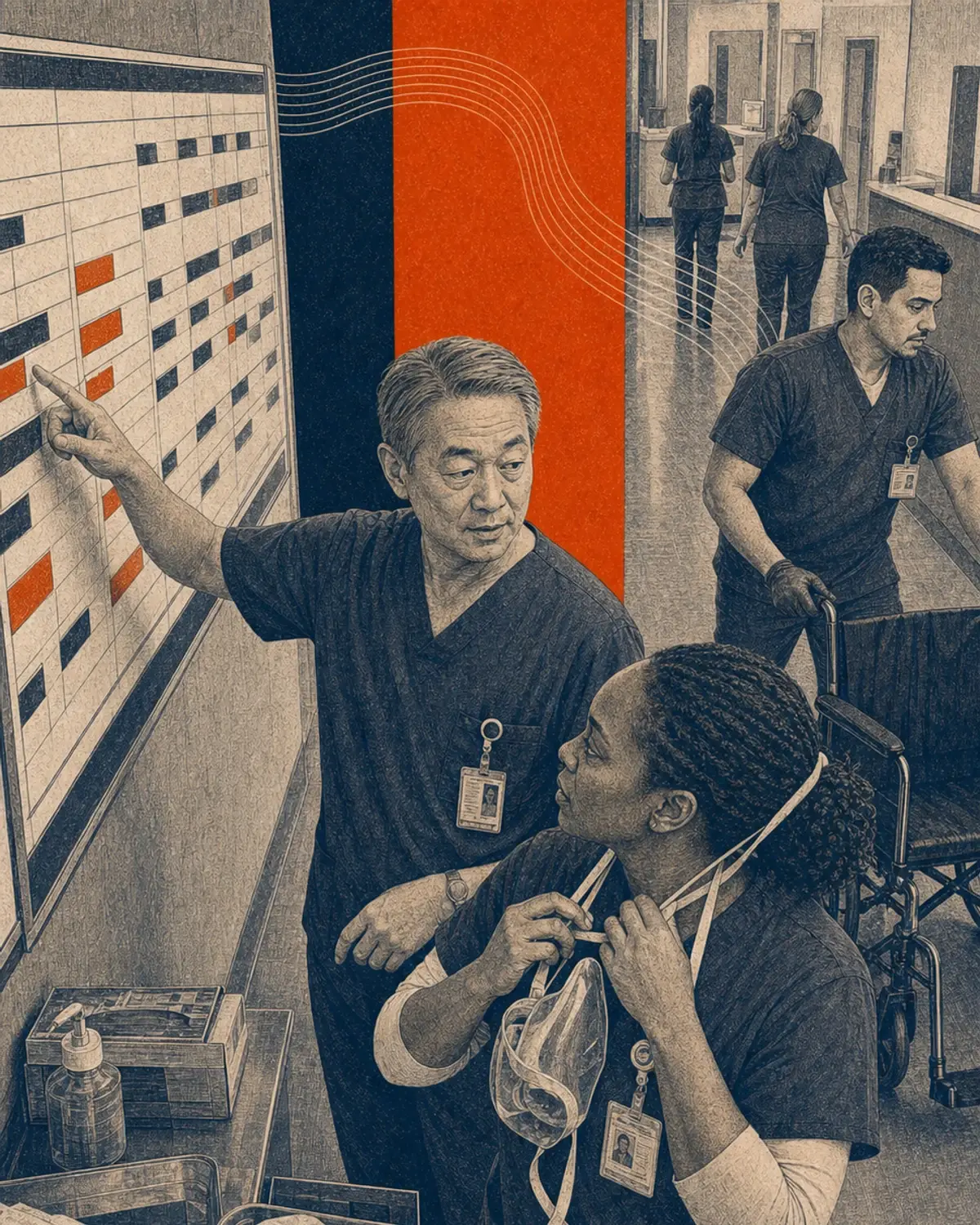 Engraved orange and navy illustration of a charge nurse coordinating a hospital shift change at a staffing board