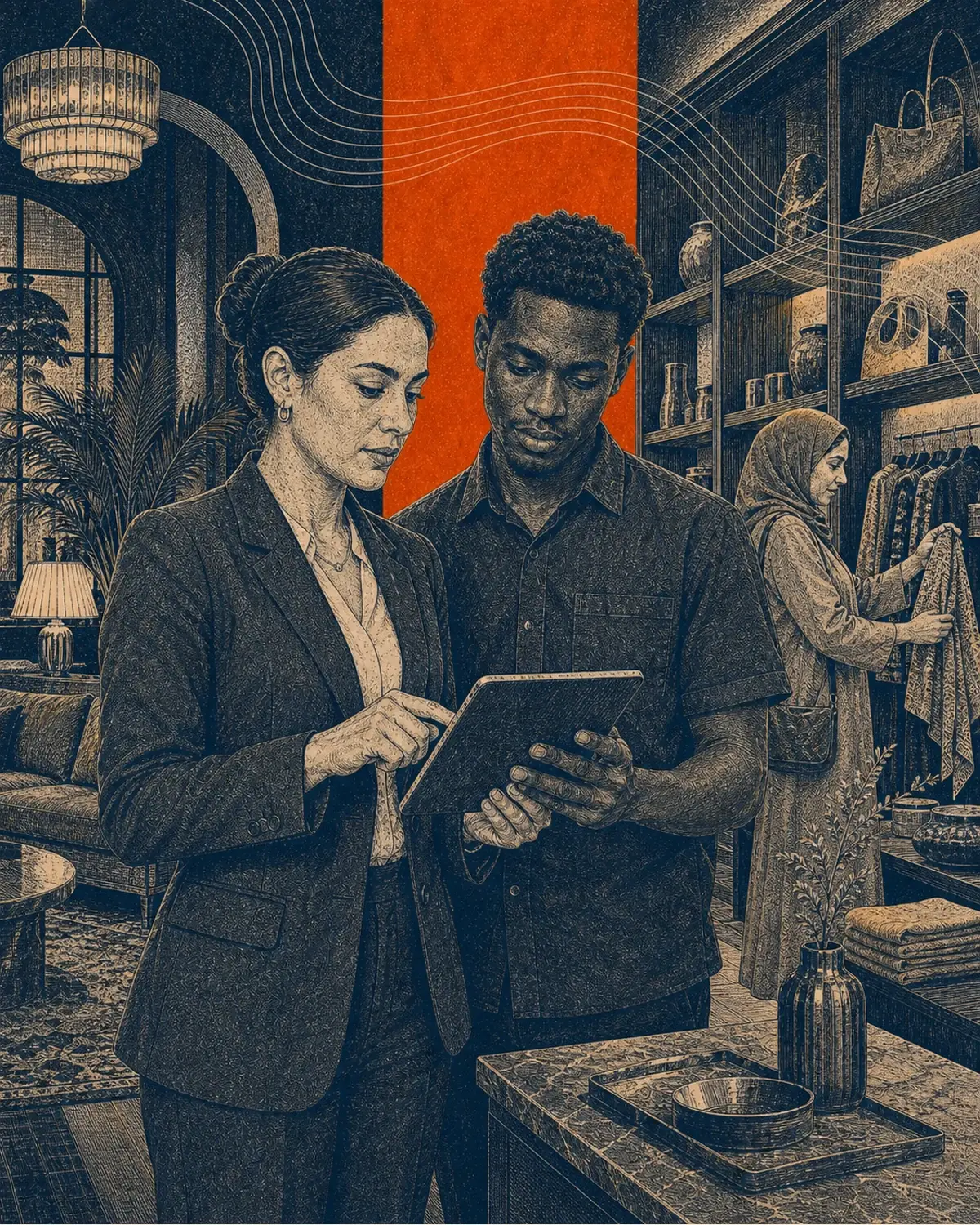 Grainy engraved navy and orange illustration of a retail and hospitality manager coordinating with an associate while a guest browses nearby