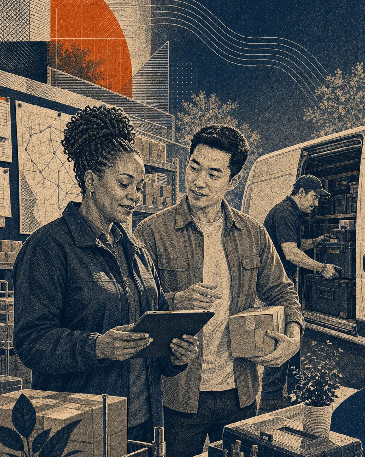 Grainy engraved navy and orange illustration of a service and distribution team coordinating routes, parcels, and field equipment