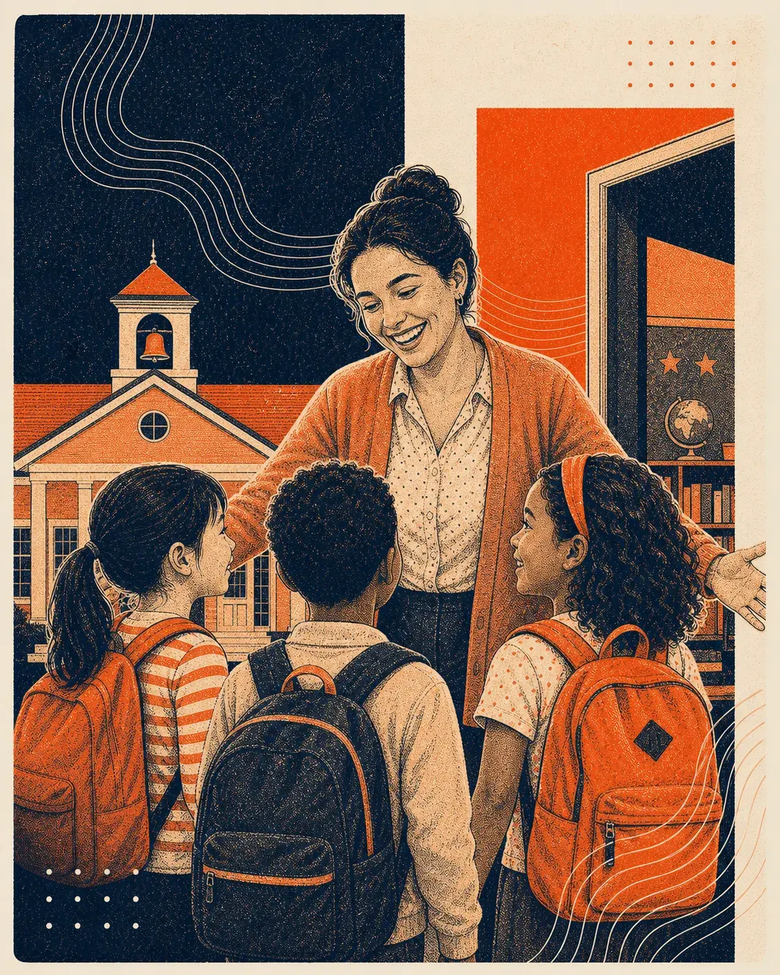 Playful grainy orange and navy illustration of a teacher welcoming children to school