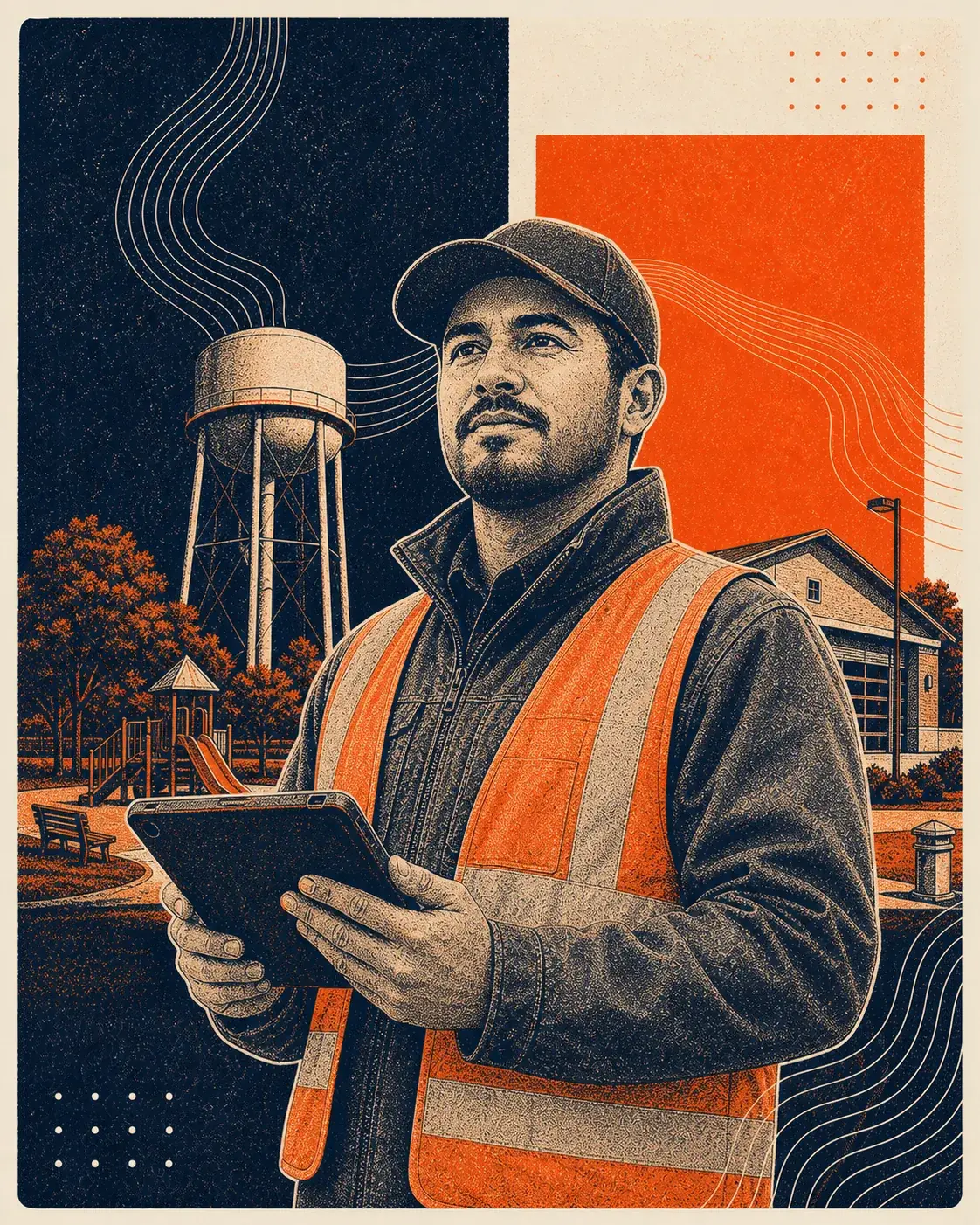 Grainy orange and navy illustration of a special district field technician near a water tower and community park