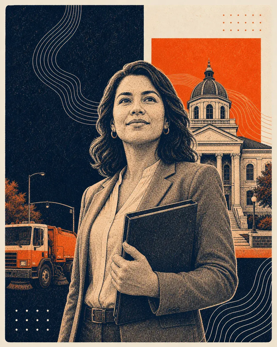 Grainy orange and navy illustration of a municipal public works employee and city administrator reviewing a civic map
